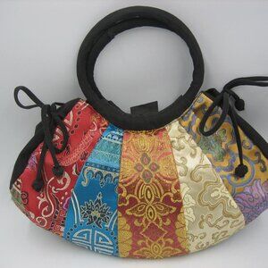 Vintage Fabric Purse Asian Design Crescent Shape Unique